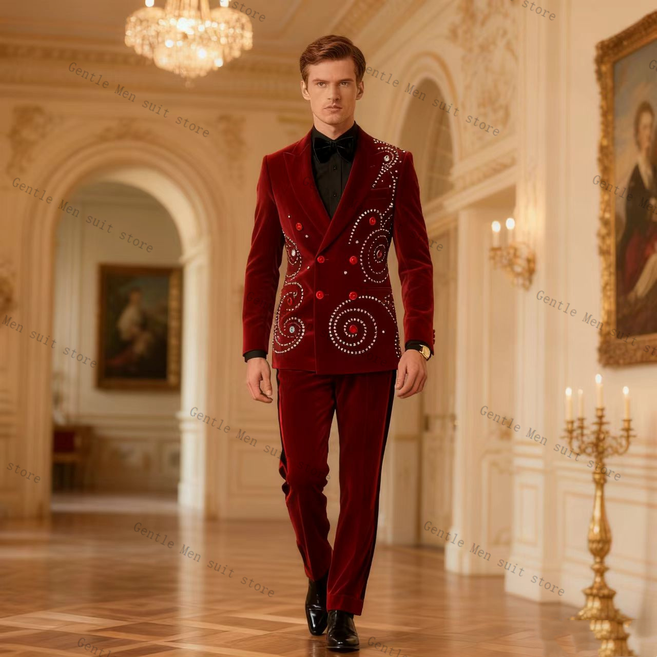 Men Formal Wear With Coat - Мужской костюм из вельвета, красный, 2
